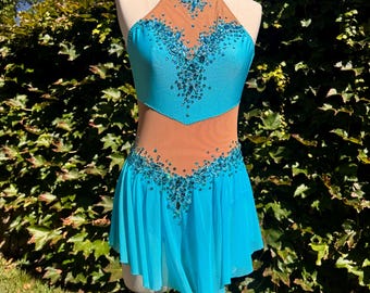 Cyan Blue Leotard with Full Mesh Skirt, ice skaterAerial Dance Lyra Trapeze Performance