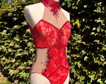 Red Lace and Rhinestone Leotard with Mesh cutouts: Halter Circus Costume