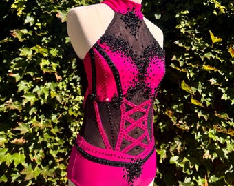 Pink & Black Aerial Leotard, Striped Circus  Lyra Performance Costume