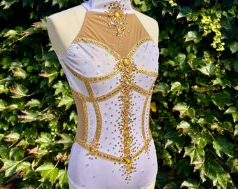 White and Gold Striped Style Leotard for Circus Pole Aerial Dance Lyra  Performance
