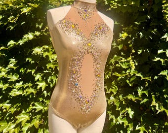 Gold Oval Cut Out leotard for Aerial Pole Circus Lyra Dance Performance