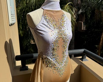 White & Gold Halter Leotard: Aerial Dance Costume with Skirt