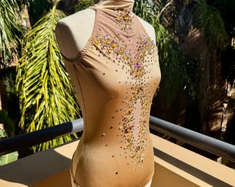 Gold Cutout Aerial Leotard, Rhinestone Circus & Lyra Performance Costume