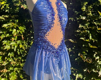 Blue and Silver Rouched Leotard with Mesh Skirt Circus Ice skater Pole Aerial Dance Lyra Performance,