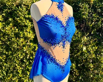 Royal Blue Rhinestone Leotard, Halter Mesh Skirt Costume
