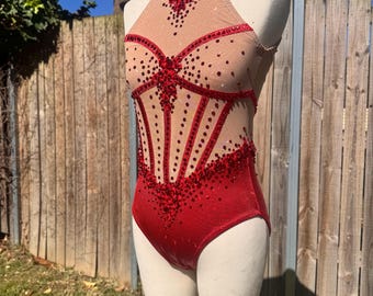 Red and Mesh Corset Cutout Style Leotard for Circus Pole Aerial Dance Lyra  Performance