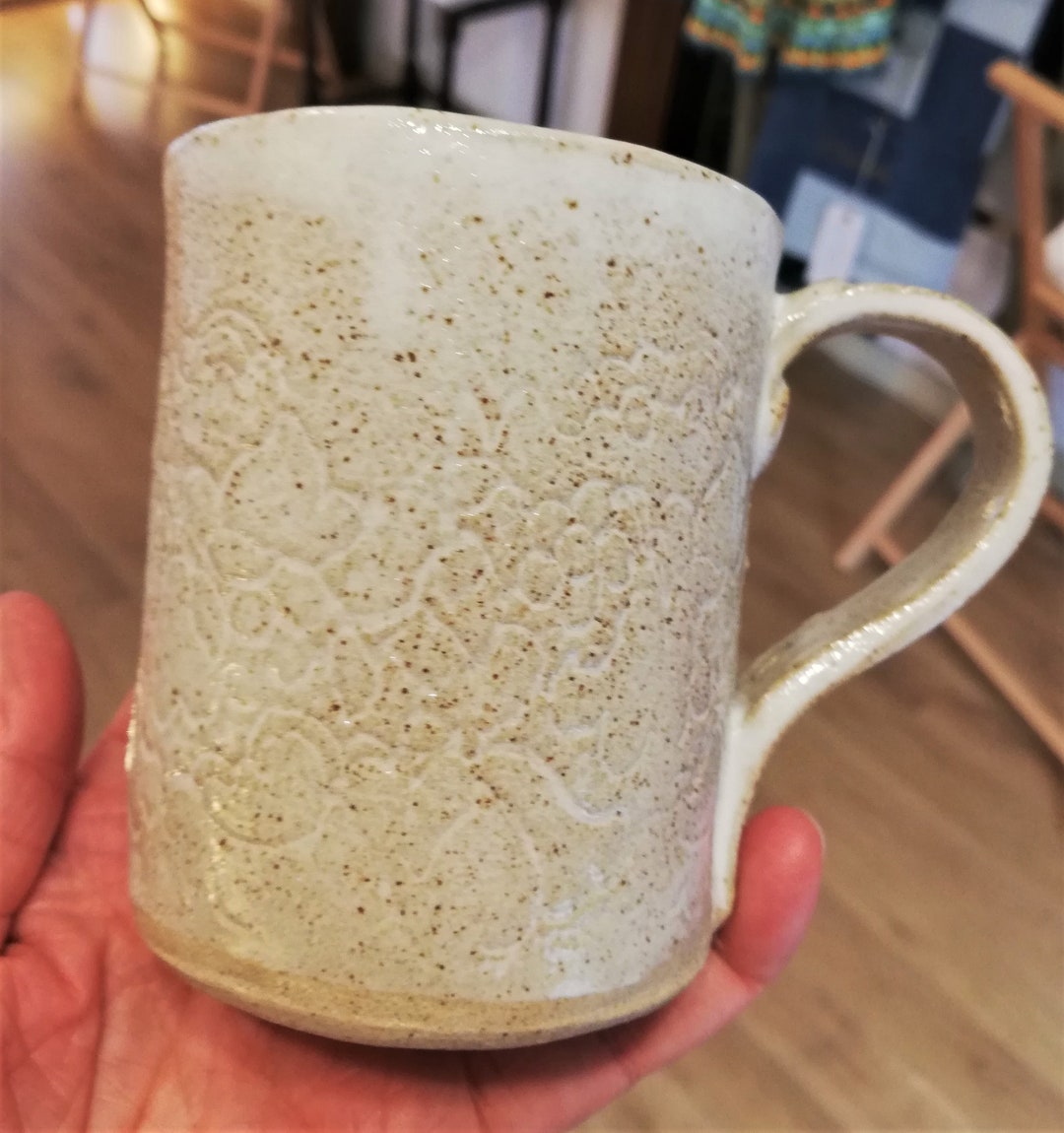 Ceramic Stoneware Mug: Imprinted Lace Design & Buttons. Handmade - Etsy