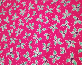 Christmas Cotton Fabric Holly with Berries on Red background