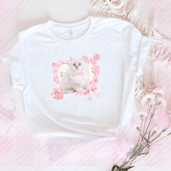 Coquette Kitten, Strawberries Cute Ribbons Flowers, Girly Princess T-shirt, Kawaii Feminine Soft Girl Tee, Gift for Girls