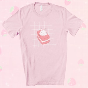 Kawaii manga aardbei konijn taart shirt, roze, wit, korte mouw T-shirt leuke cartoon anime tshirt pastel Usagi Fairy Kei Otaku cadeau