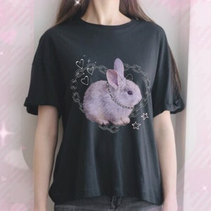 Yami Kawaii Bunny, Black Short Sleeve Tee, Cute Menhera, Jirai Kei Clothing, Pastel Goth, Japanese Harajuku  Egirl, Anime Otaku Jfashion