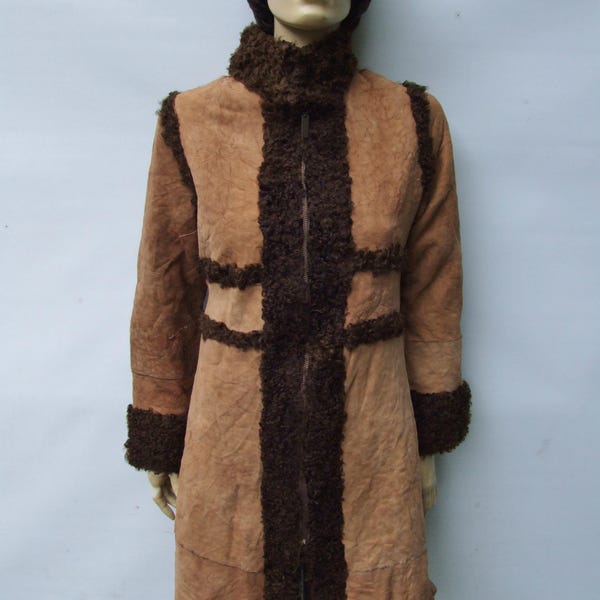 Manteau Afghan Vintage Des Années 70 - Grand Col - Cuir - Taille M - Marron - Occasion En Parfait état