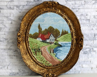 Vintage art Finished needlepoint Countryside landscape,Cross stitch wall art,Unframed Handmade tapestry Wiehler gobelin Heathland 11x9