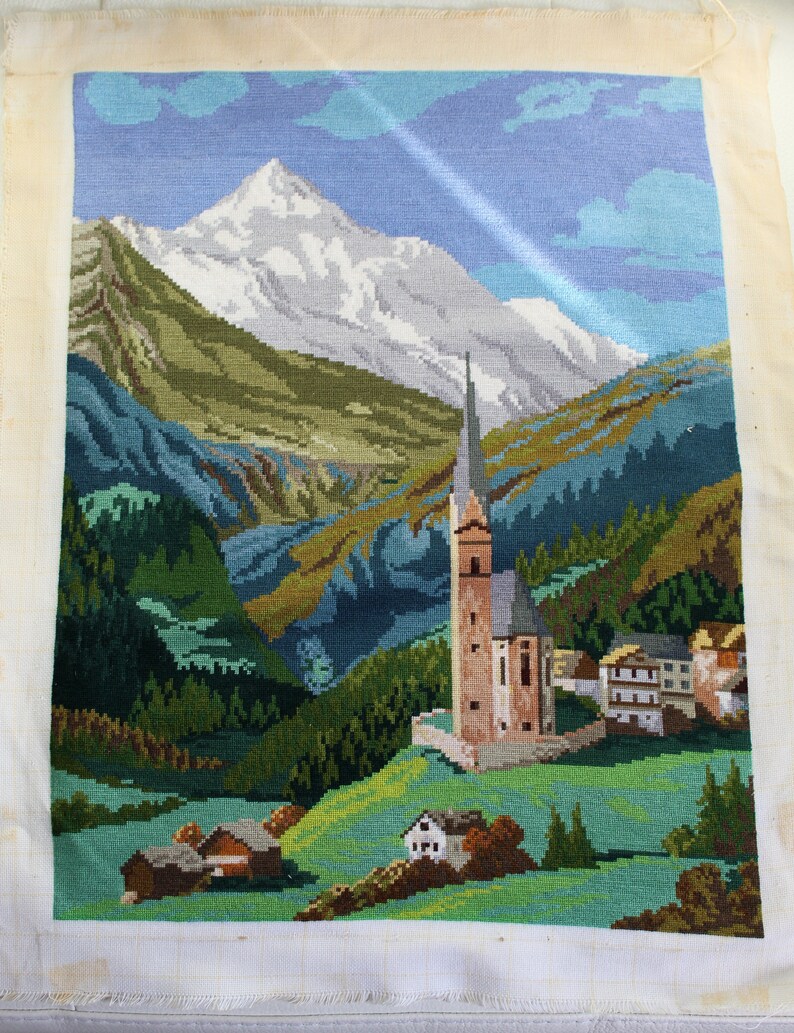 Mountain wall art Wiehler gobelin Mountain landscape 19x14 Unframed Completed cross stitch Vintage handmade tapestry Alps landscape