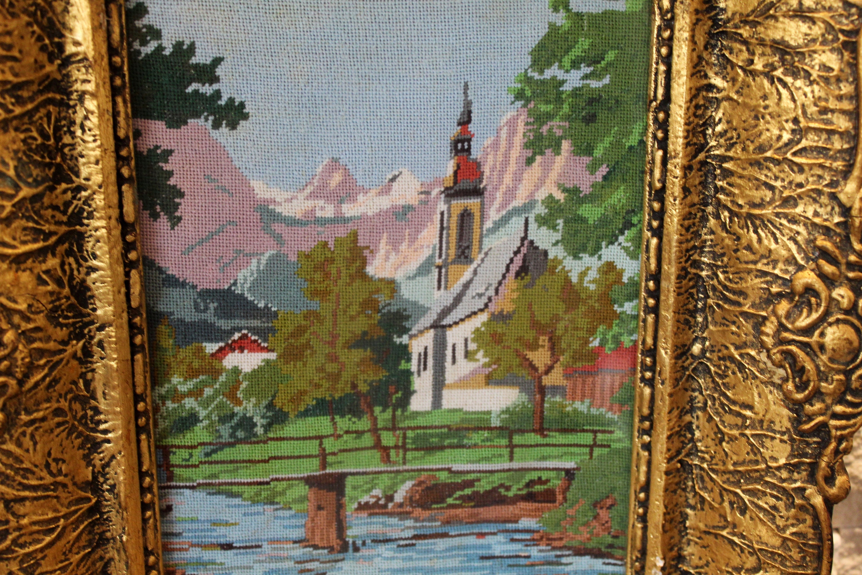 Mountain landscape 8.7x 6.7 Vintage needlepoint Etsy