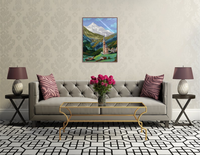 Mountain wall art Wiehler gobelin Mountain landscape 19x14 Unframed Completed cross stitch Vintage handmade tapestry Alps landscape