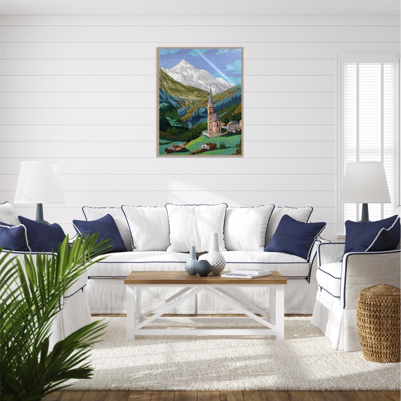 Mountain wall art Wiehler gobelin Mountain landscape 19x14 Unframed Completed cross stitch Vintage handmade tapestry Alps landscape