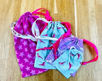 Drawstring bag - upcycled fabric, gift bag, produce bag, storage bag multi-use bag, unlined