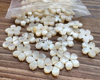 10pcs White Mother of Pearl Flowers, Carved Shell Flower Beads 8