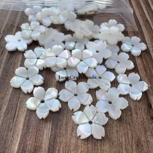 50pcs Natural Mother of Pearl Sakura Flower Beads: Carved MOP Shell, 10mm