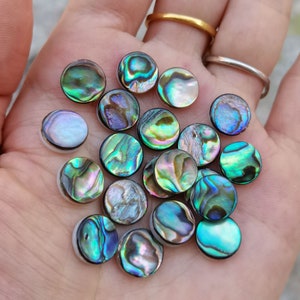 Könnte beinhalten: Eine Sammlung von 16 schillernden Abalone-Muschel-Gitarreneinlagen in verschiedenen Grüntönen, Blau- und Violetttönen. Die Einlagen sind rund und haben eine glatte, polierte Oberfläche.