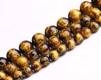 Carved Mantra Om Mani Padme Hum Tibetan Buddhist Prayer Agate Beads Strand 15" 