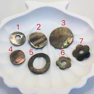50pc Mother of Pearl Shell Pendant Beads: Black Gray MOP Donut Flower Connectors