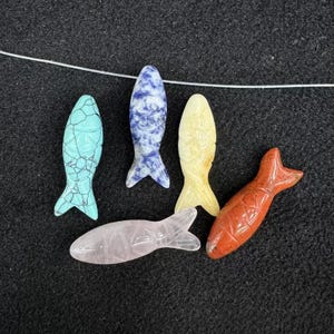 Peut inclure: Cinq figurines de poissons sculptées dans des pierres de différentes couleurs et motifs. La collection comprend un poisson turquoise avec des veines noires, un poisson bleu et blanc marbré, un poisson jaune pâle, un poisson rose clair translucide et un poisson rouge orangé.