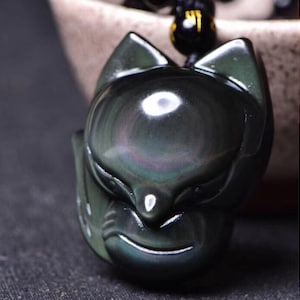 29mm Natural Carved Rainbow Obsidian Fox Gemstone Pendant Bead (pendant only )