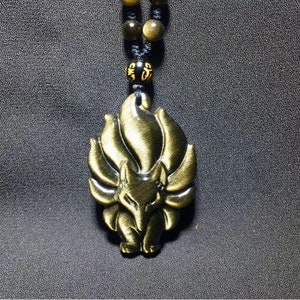 45mm Natural Carved Golden Obsidian Fox with nine tails Pendant Bead (pendant only )
