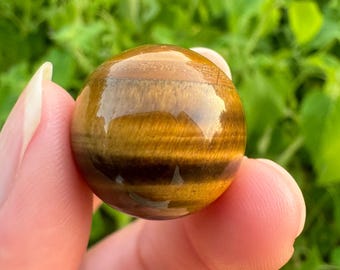 May include: A smooth, polished tiger's eye sphere with golden brown and black stripes. The sphere is held in a hand, with a green background.