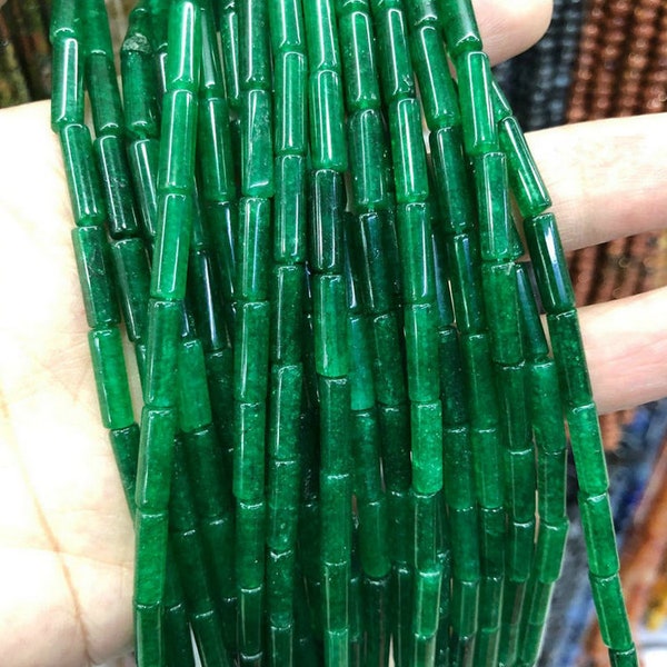 13 x 4 mm, tube de jade teinté vert foncé, pierres précieuses cylindriques, sur rang 16 po.