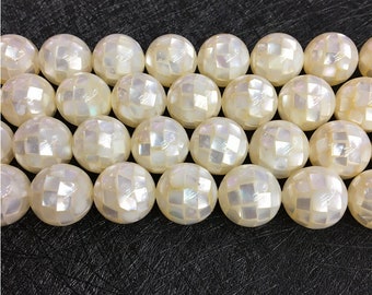 VINTAGE Mother of Pearl 24mm Hand Made Round Disco Ball Bead Hole 1mm 2 Beads 