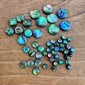 May include: Assortment of iridescent abalone shell cabochons in various sizes. The cabochons are round and have a green, blue, and purple colour scheme.