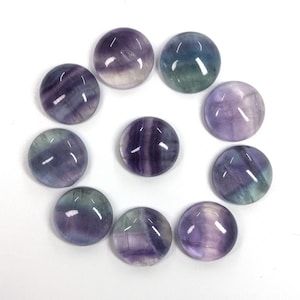 Può includere: Dieci cabochon rotondi in fluorite lucidata in tonalità di viola, verde e bianco. I cabochon sono disposti in cerchio su uno sfondo bianco.