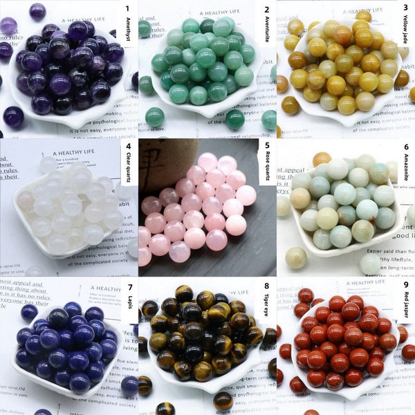 10 sphères non percées de 16 mm, chakra, pierre précieuse ronde, cristal, boule sans trou, améthyste, agate violette, quartz rose, amazonite, lapis, jade jaune