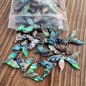 Puede incluir: Una colección de dijes de concha de abulón iridiscente con forma de cola de pez, cada uno con un pequeño orificio para su fijación. Los dijes muestran una mezcla vibrante de tonos verdes, azules y morados con un acabado nacarado natural.