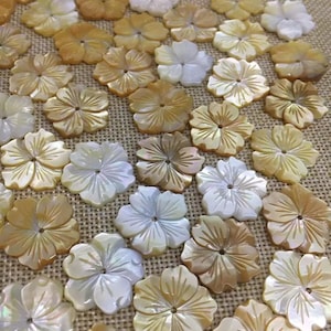 Natural Carved Mother of Pearl Flower Beads: Yellow MOP Shell, 20mm (10pcs