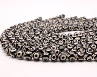 Perles rondes en agate naturelle de style tibétain sur rang 16" 6 mm 8 mm 10 mm 12 mm 14 mm