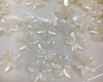Carved Mother of Pearl Flower Beads: 15mm Natural Floral MOP Shell, 10pcs