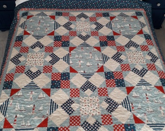 Nautical Ahoy! Double Bed Quilt – Seaside Blues, Reds, Creams – Hand-Finished Binding