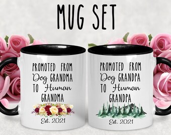 Promoted From Dog Grandma and Grandpa To Human Grandma & Grandpa Mug Set,New Grandparents Proposal Mugs,Pregnancy Mugs,Announcement Mug Set