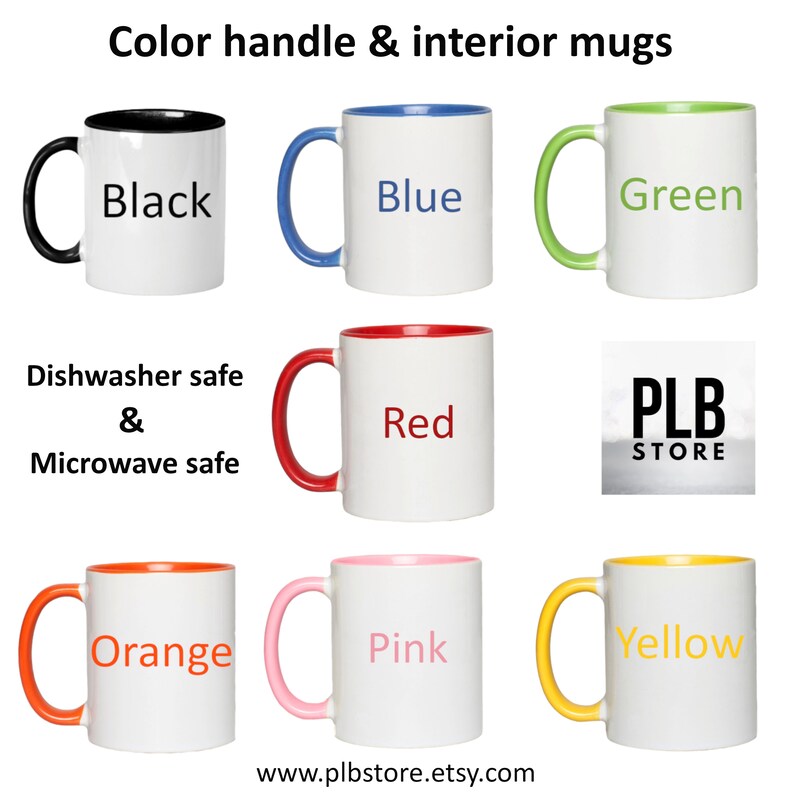 May include: Set of 10 ceramic mugs with color handles and interiors. The mugs are white with a black, blue, green, red, orange, pink, or yellow rim and handle. The mugs are dishwasher and microwave safe. PLB Store.