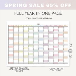 May include: A full-year calendar for 2026, color-coded for weekends, with the text "Spring Sale 65% Off." The calendar is designed to fit on one page and includes the text "Set your goals for each day throughout the year."