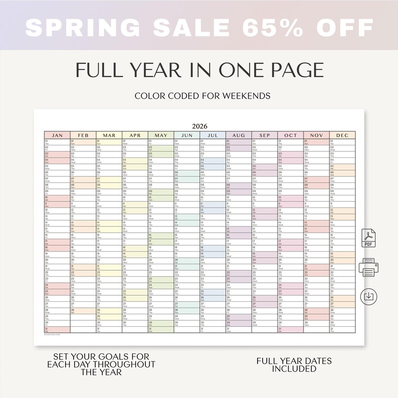 May include: A full-year calendar for 2026, color-coded for weekends, with the text "Spring Sale 65% Off." The calendar is designed to fit on one page and includes the text "Set your goals for each day throughout the year."