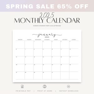 Calendario 2025 - Planificador mensual imprimible en PDF - Elegante, minimalista, tamaño A4 y carta, inicio de domingo a lunes, formato horizontal