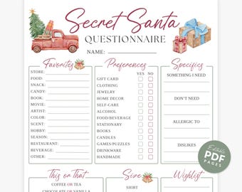 Secret Santa Questionnaire Printable, Secret Santa Gift Exchange, Office Holiday Party Games, Secret Santa Wish List, Work Secret Santa PDF