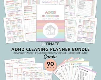 ADHD Cleaning Planner bundle, Schedule, Checklist, Chore chart, Printable, Editable Templates, Canva