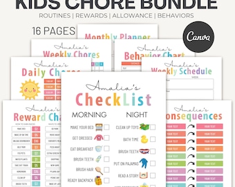 Editable Kids Chore Chart Bundle, School, Reward, Allowance, Daily Checklist, Weekly Chores, Behavior, Consequences, Screen Time