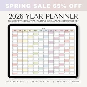 May include: A digital tablet displays a 2026 year planner with a rainbow style design. The calendar grid is filled with pastel colors, and the text "SPRING SALE 65% OFF" is at the top. The planner is available in multiple sizes as a printable PDF.